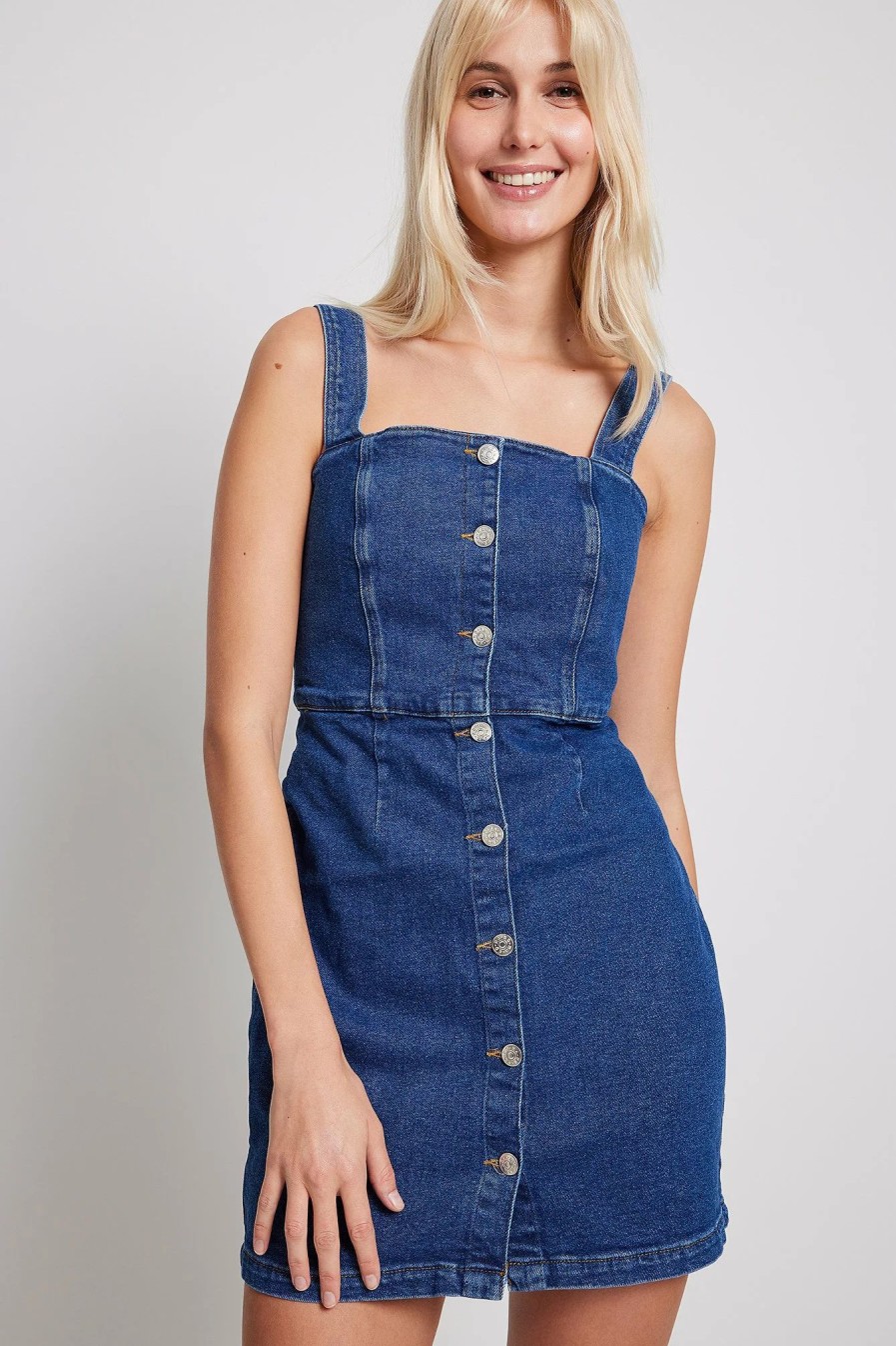 Mini Dresses * | Na-Kd Buttoned Denim Mini Dress Blue