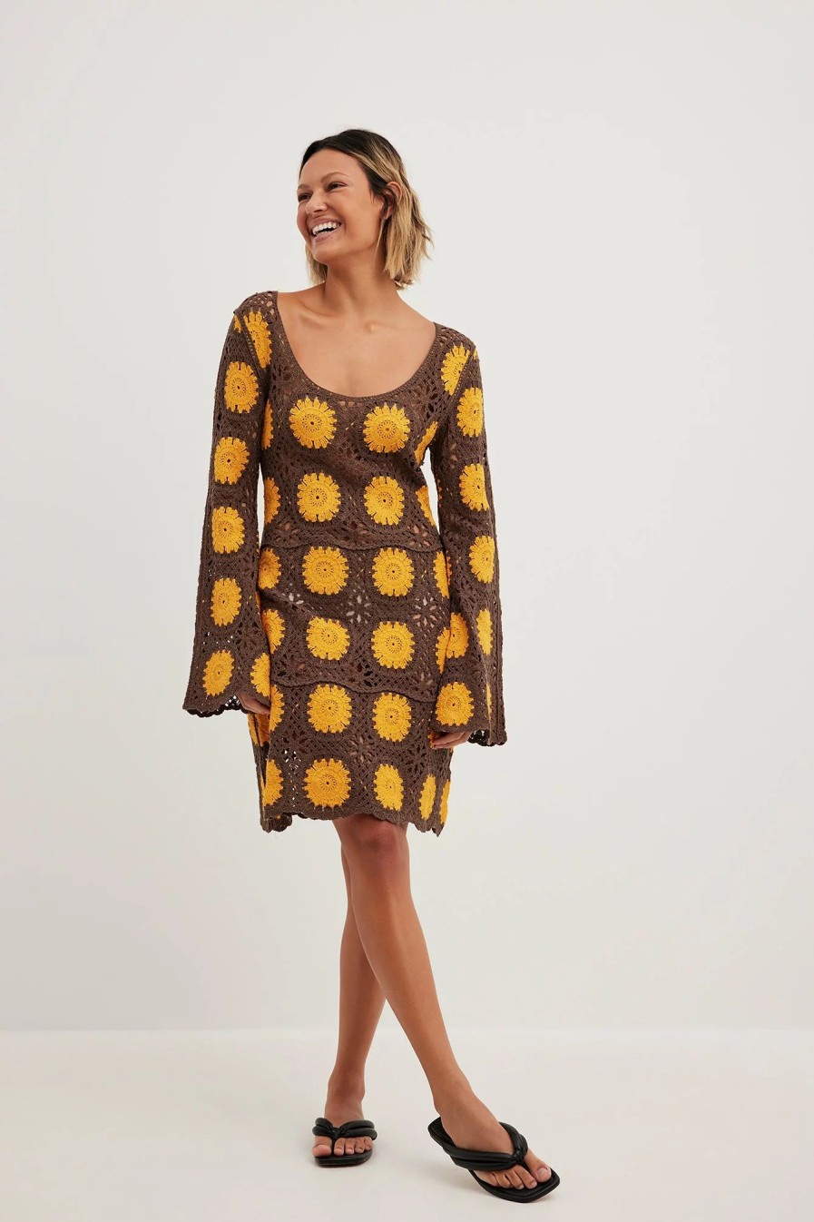 Knitted Dresses * | Na-Kd Trend Long Sleeve Crochet Knitted Mini Dress Multicolor