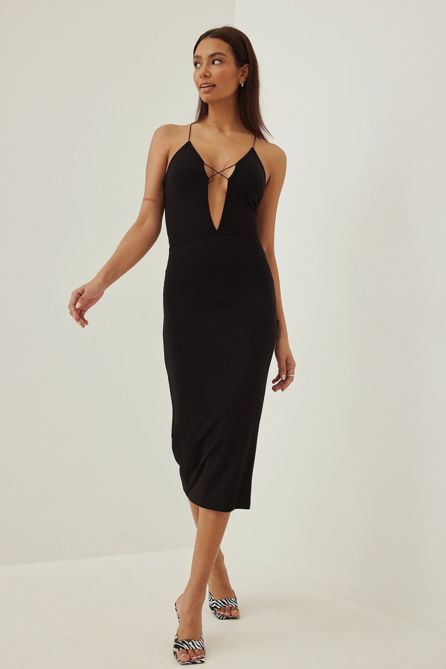 Bodycon Dresses * | Na-Kd Party Spaghetti Strap Front Detail Dress Black