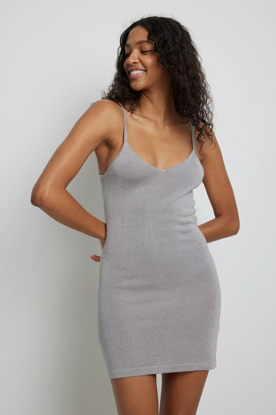 Party Dresses * | Handpicked X Na-Kd Deep Back Glitter Knitted Dress Silver