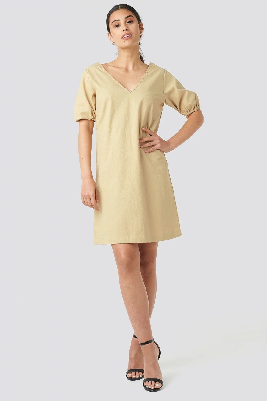 Mini Dresses * | Na-Kd Puff Sleeve Mini Dress Beige