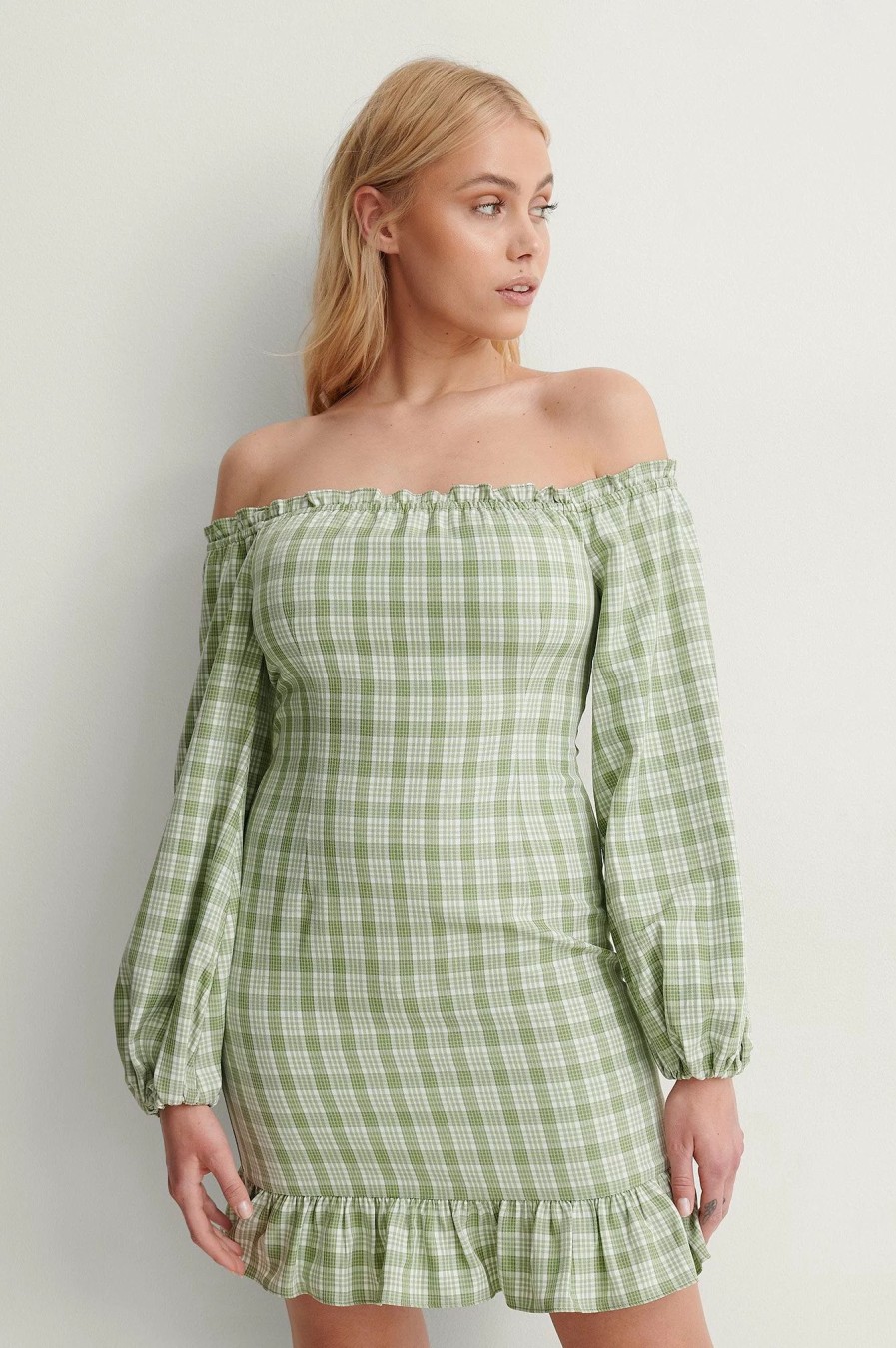 Mini Dresses * | Jasmin Azizam X Na-Kd Off Shoulder Balloon Sleeve Dress Checkered