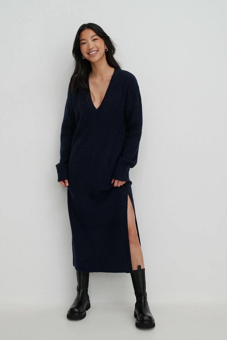 Knitted Dresses * | Rianne Meijer X Na-Kd V-Neck Knitted Dress Blue