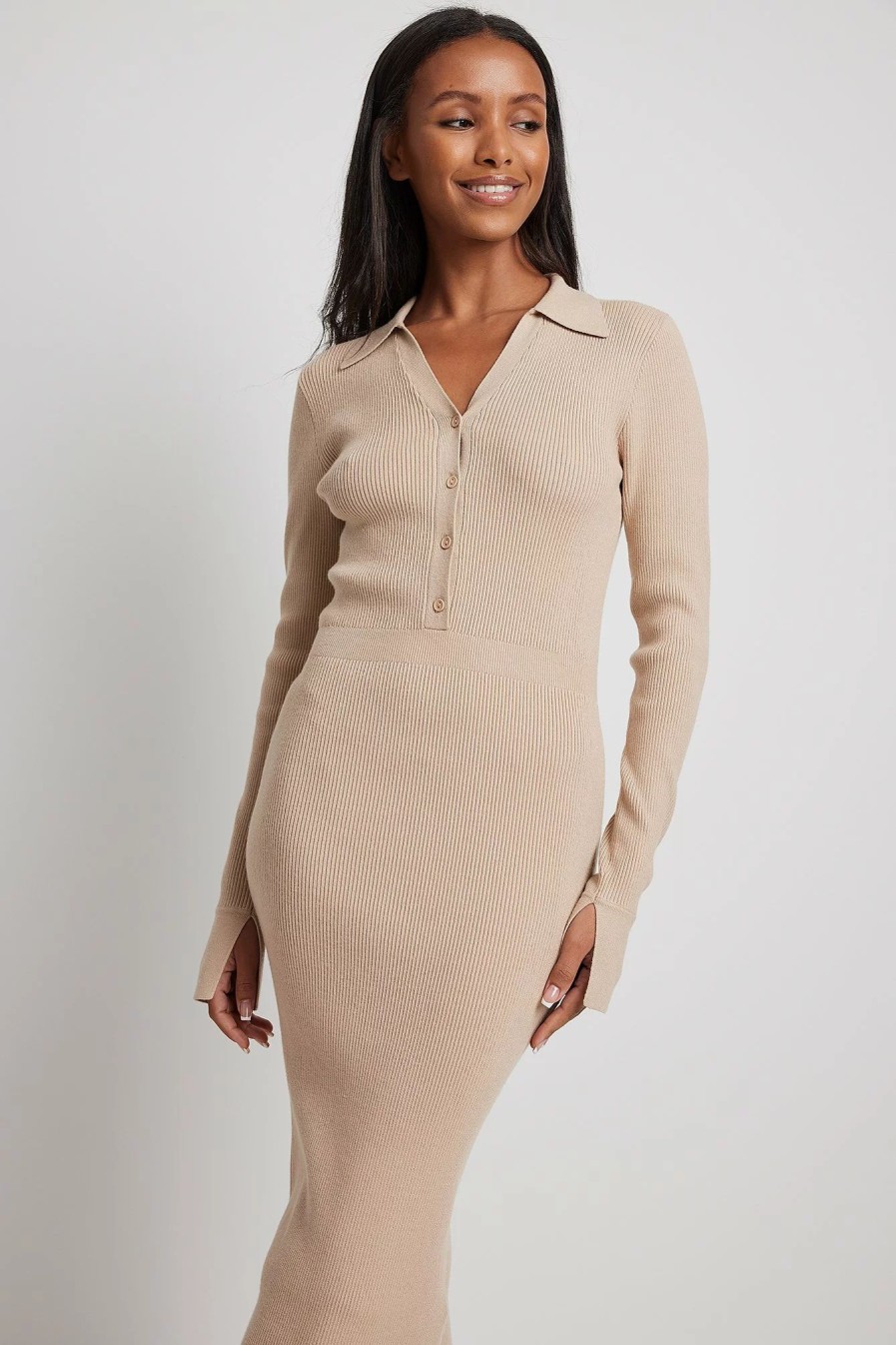 Knitted Dresses * | Molly Rustas X Na-Kd Ribbed Knitted Long Sleeve Midi Dress Beige