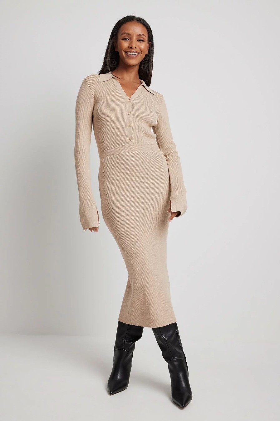 Knitted Dresses * | Molly Rustas X Na-Kd Ribbed Knitted Long Sleeve Midi Dress Beige