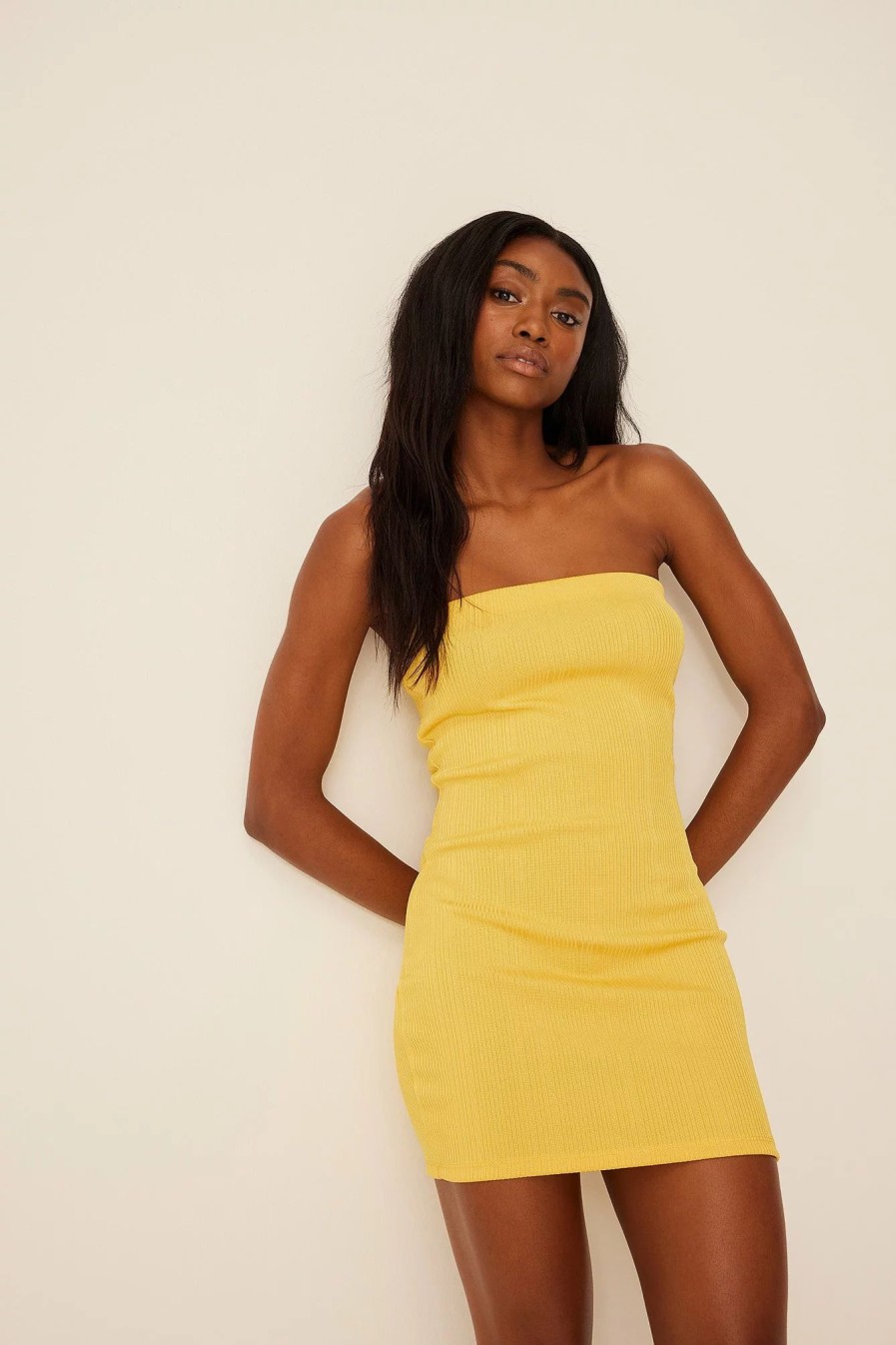 Mini Dresses * | Na-Kd Ribbed Bandeau Mini Dress Yellow