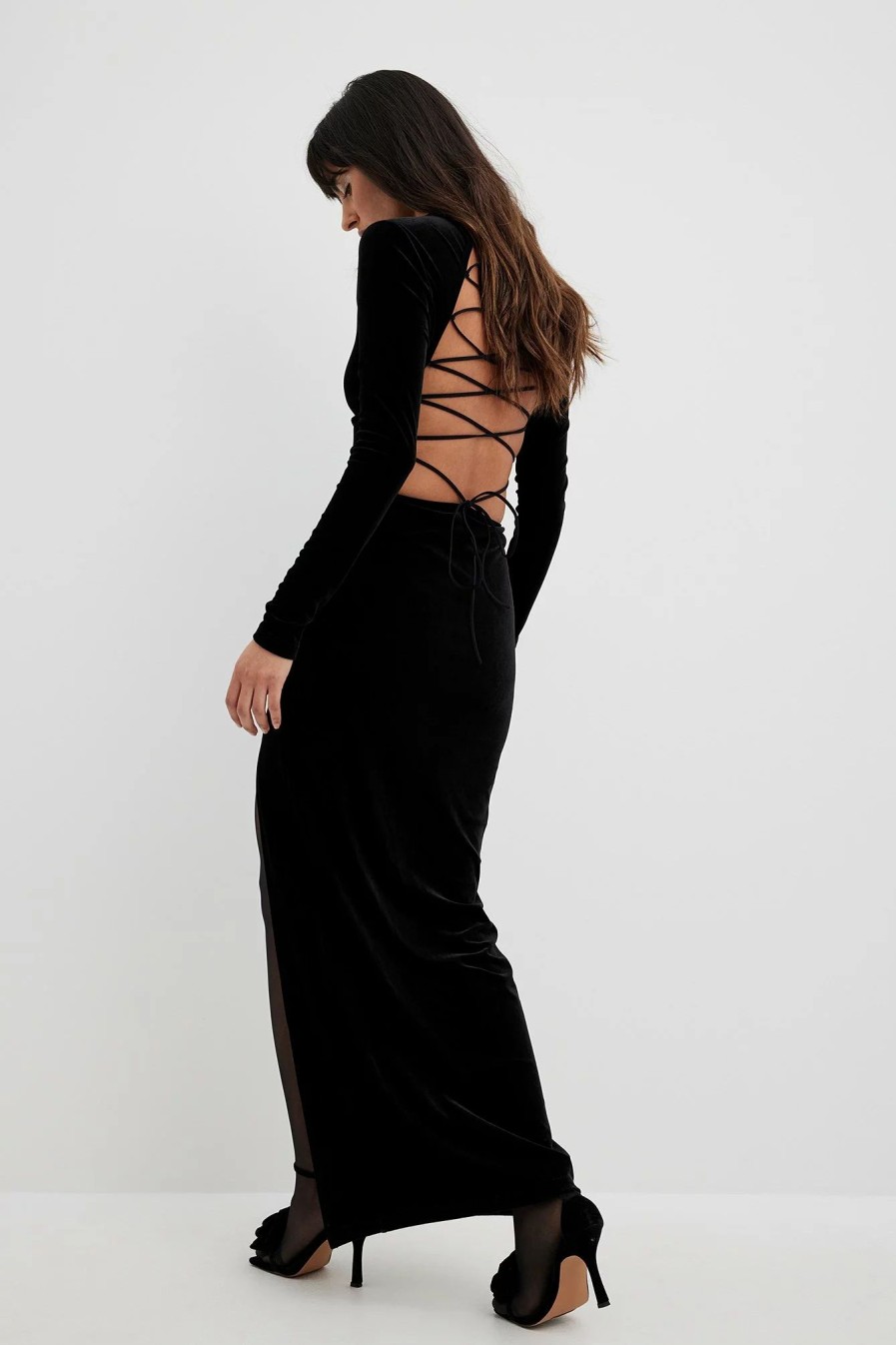 Party Dresses * | Na-Kd Party Lacing Back Detail Velvet Dress Black