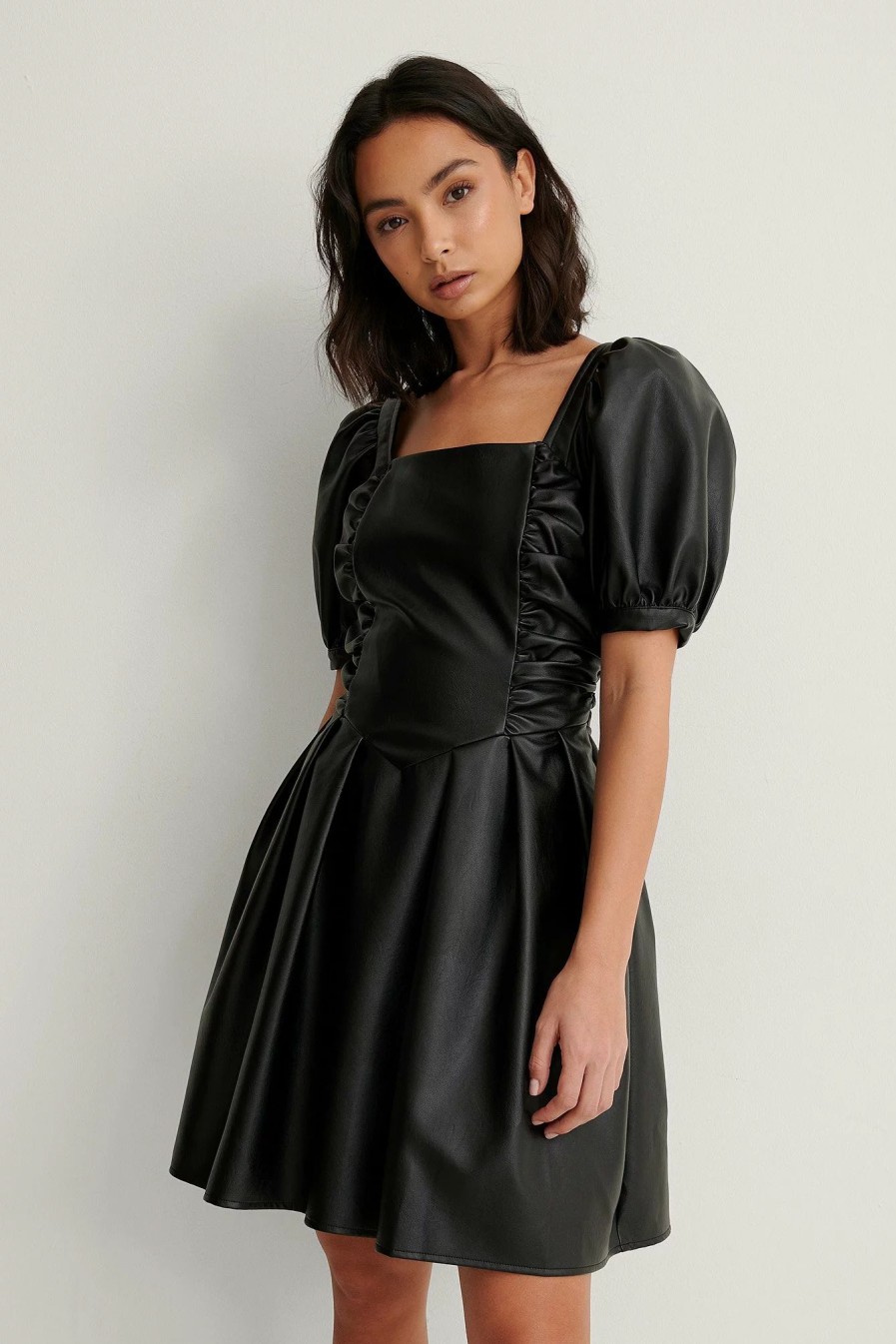 Mini Dresses * | Na-Kd Trend Short Puff Sleeve Pu Dress Black