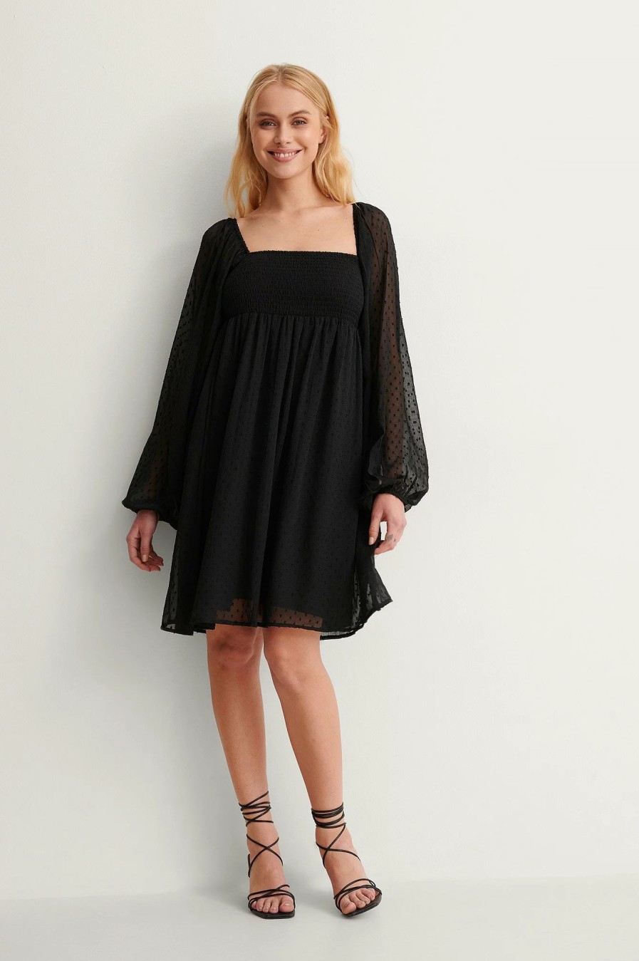 Mini Dresses * | Na-Kd Boho Square Neck Dobby Mini Dress Black