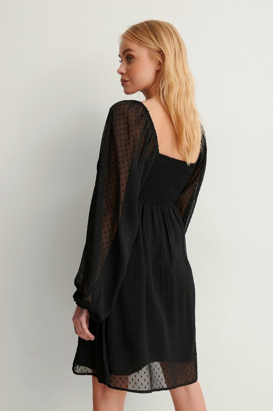 Mini Dresses * | Na-Kd Boho Square Neck Dobby Mini Dress Black