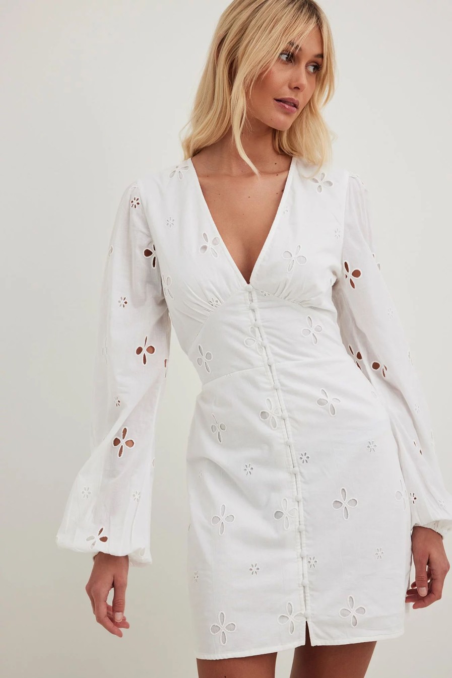 Mini Dresses * | Na-Kd Boho Anglaise Balloon Sleeve Mini Dress White