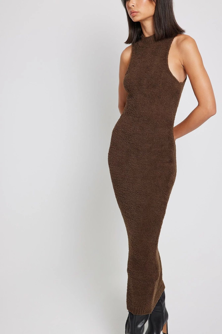 Knitted Dresses * | Na-Kd Trend High Neck Sleeveless Knitted Maxi Dress Brown