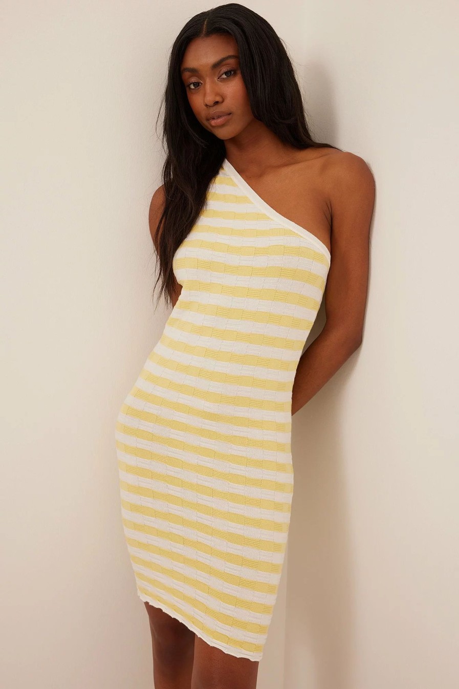 Knitted Dresses * | Na-Kd One Shoulder Fine Knitted D Mini Dress Stripe