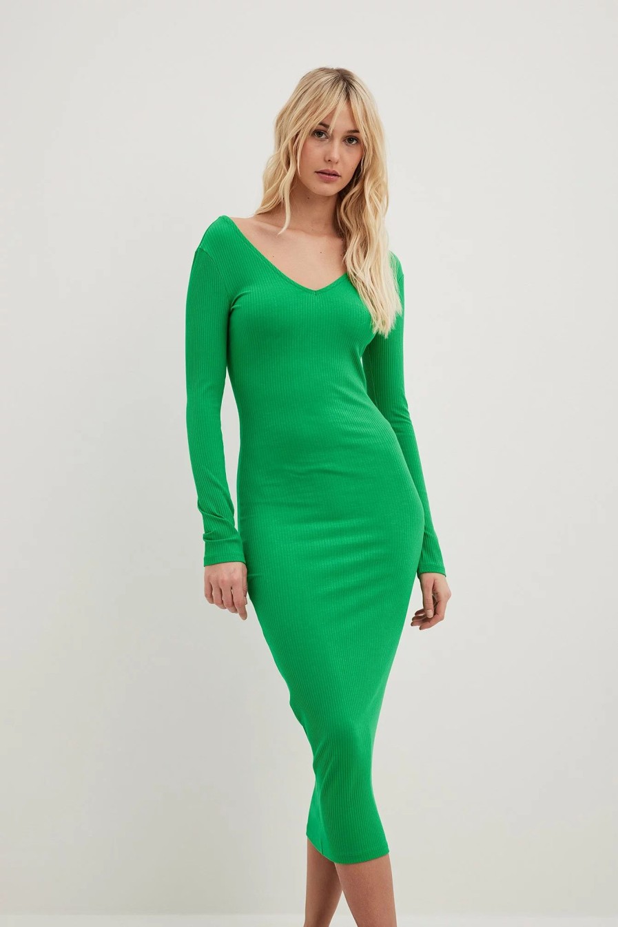 Bodycon Dresses * | Na-Kd Basic V-Neck Rib Long Sleeved Midi Dress