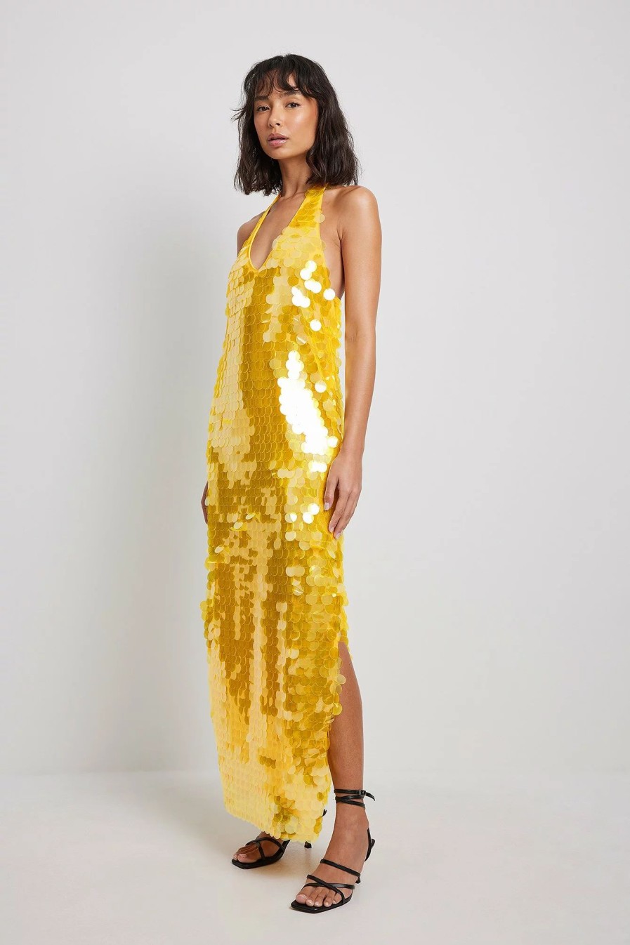 Party Dresses * | Na-Kd Party Big Sequins Midi Dress Yellow