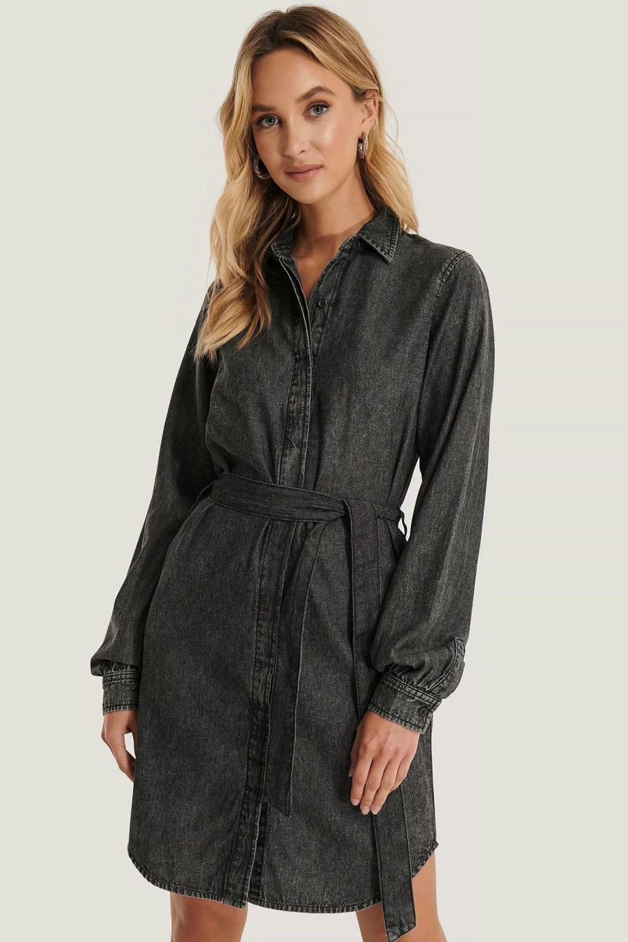 Mini Dresses * | Na-Kd Denim Shirt Belted Dress Grey