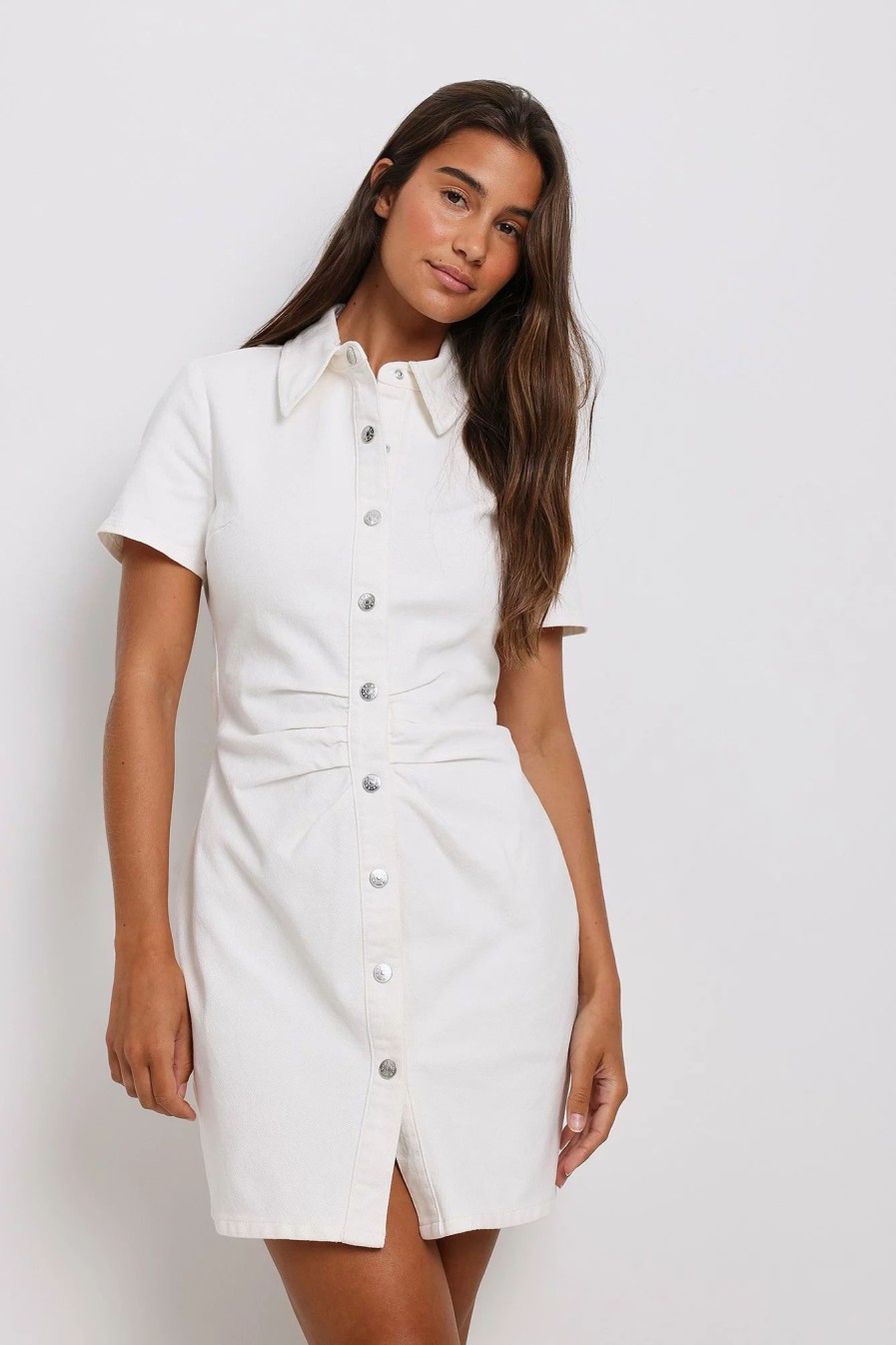 Mini Dresses * | Na-Kd Short Sleeve Ruched Denim Dress