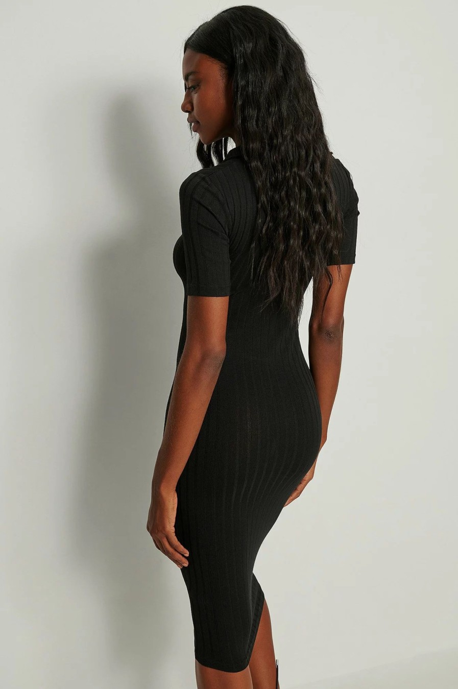 Knitted Dresses * | Na-Kd Collar Detail Ribbed Midi Dress Black