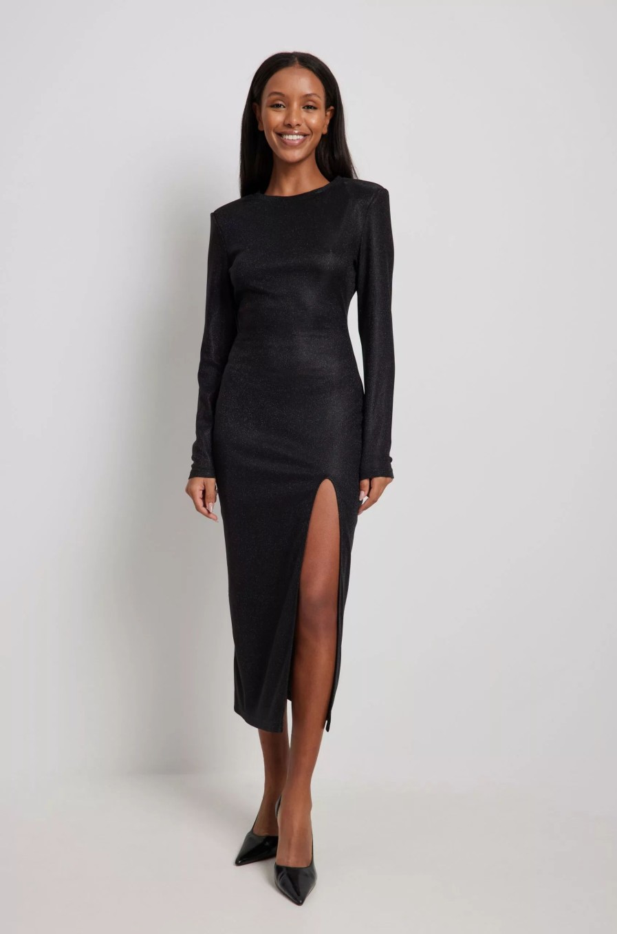 Party Dresses * | Lovisa Barkman X Na-Kd High Slit Glitter Midi Dress Black