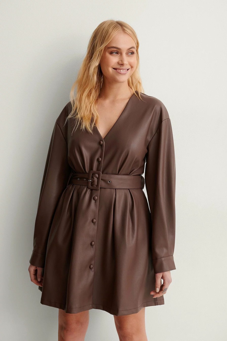 Mini Dresses * | Na-Kd Pu Belted Mini Dress Brown