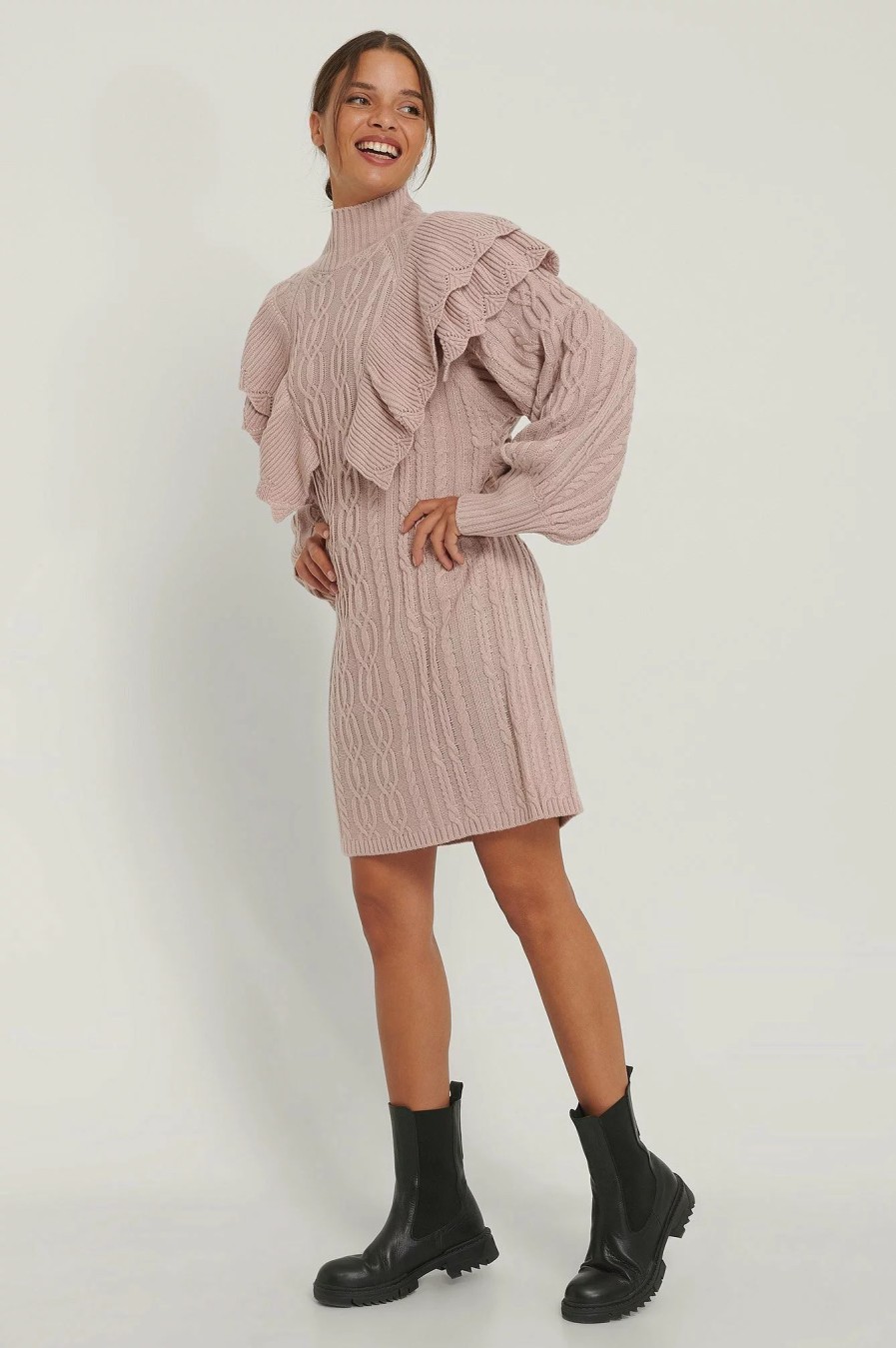 Mini Dresses * | Na-Kd Volume Flounce Knitted Dress Pink