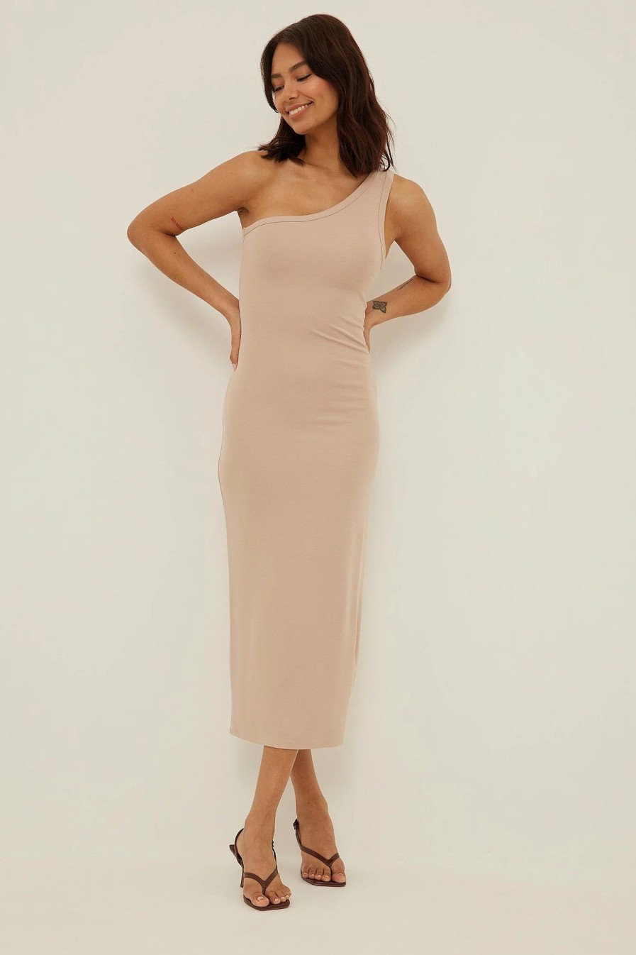 Bodycon Dresses * | Na-Kd Basic One Shoulder Midi Dress Beige