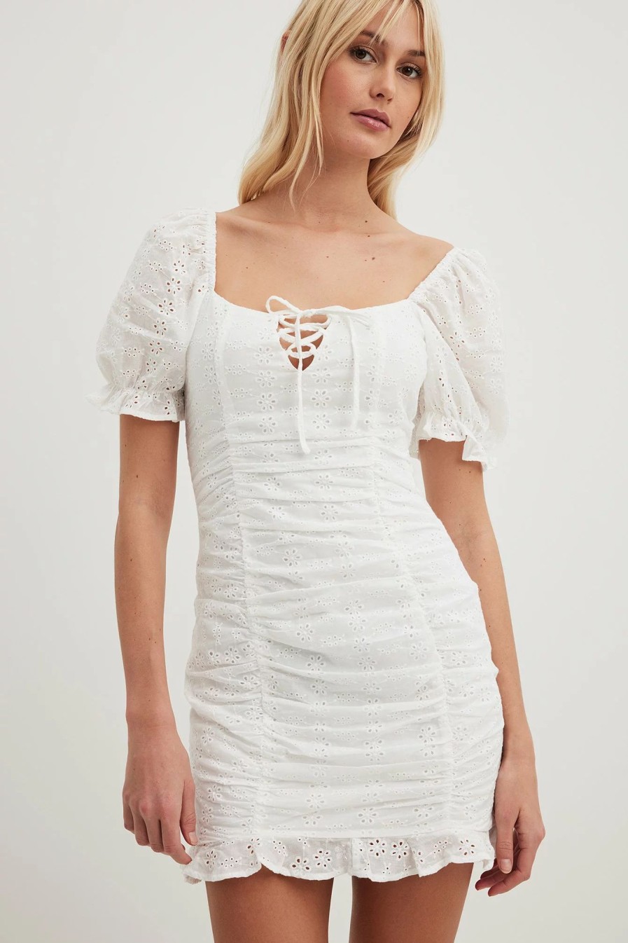 Mini Dresses * | Na-Kd Boho Anglaise Ruched Front Mini Dress White