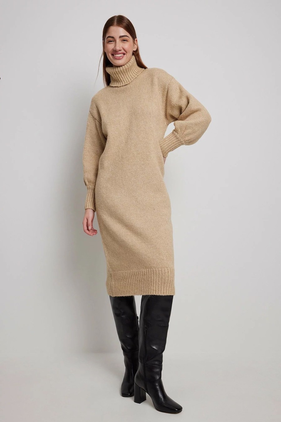 Knitted Dresses * | Na-Kd High Neck Oversized Knitted Dress Beige